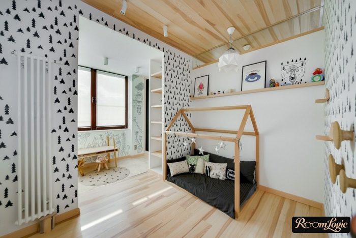 black and white wallpaper in the boy's room