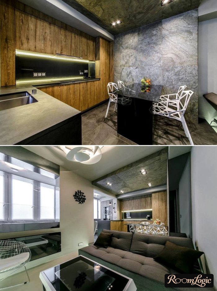 2 photos of a modern loft kitchen design