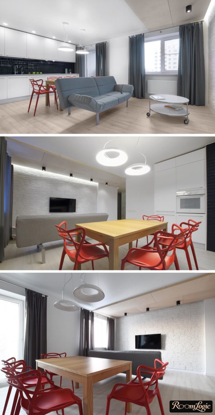 3 photos of a modern designed kitchen-living room