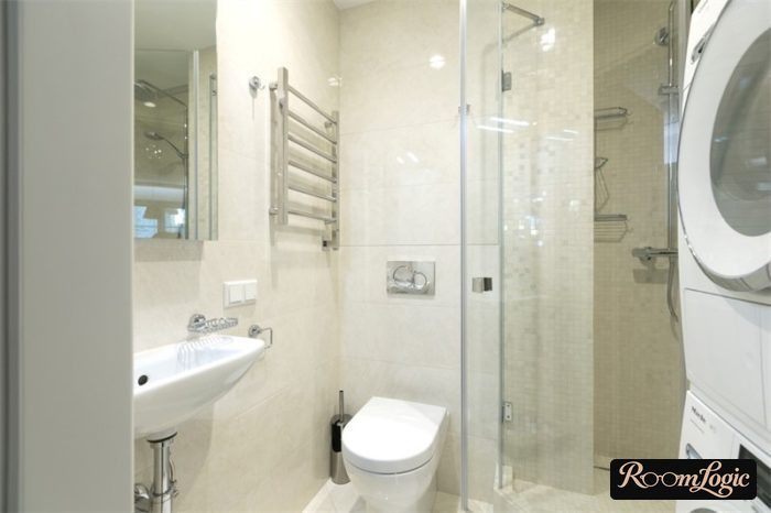 43 square feet with shower, toilet, and washer