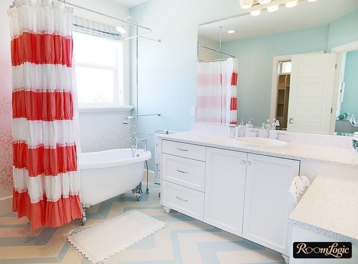a bathroom in classical style with turquoise and red
