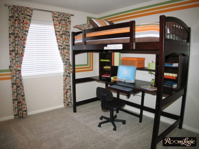 a desk plus a bed above in a teenager's room