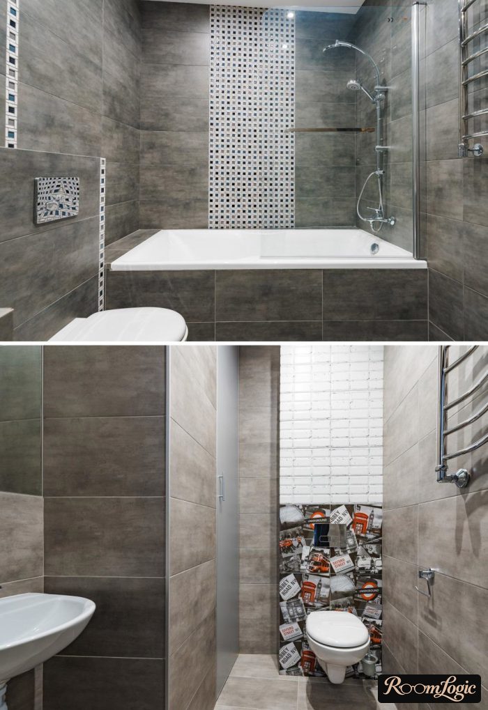 a gray bathroom with a shower and toilet