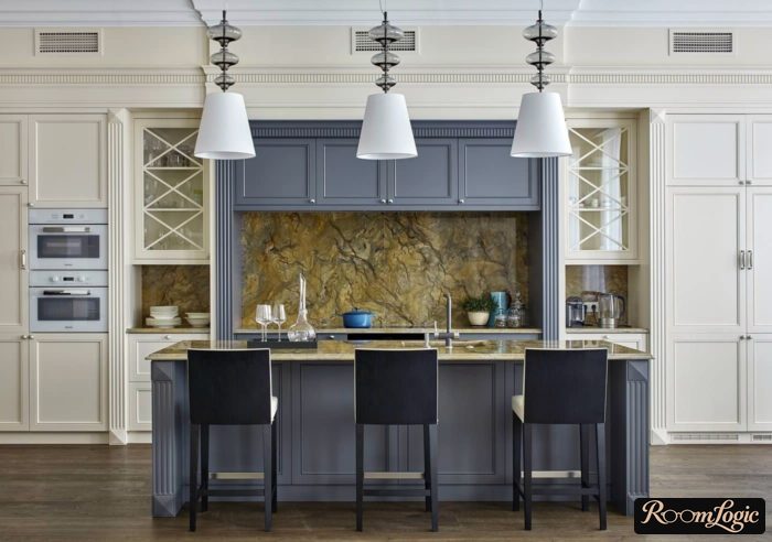 A gray-blue kitchen in a neoclassical style with an island