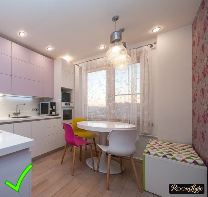 modern pink kitchen with wallpapers from 1 collection combined