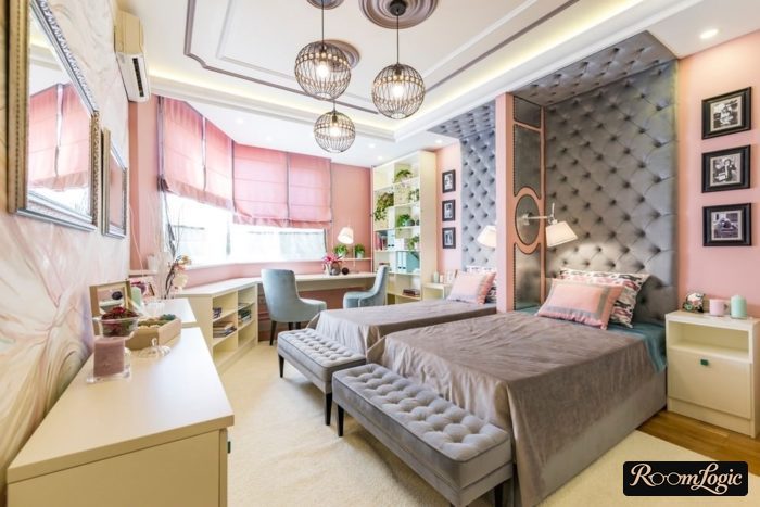 a room combining gray and pink for two teenage girls