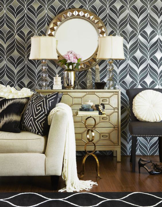 a room with art deco wallpaper