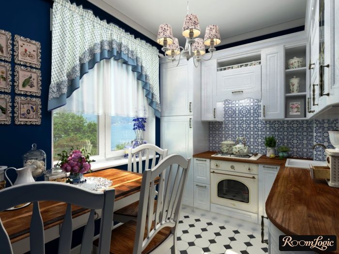 A short drapery window curtain in a Provence-style kitchen