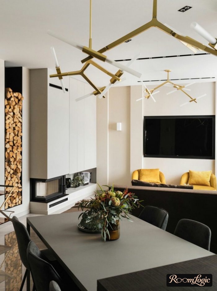 a stylish golden light fixture in the interior
