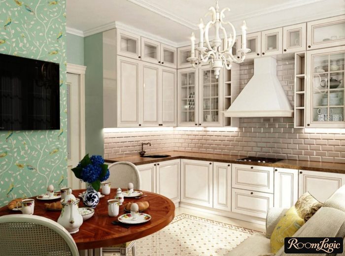 accent turquoise wallpaper in a Provence style in the kitchen