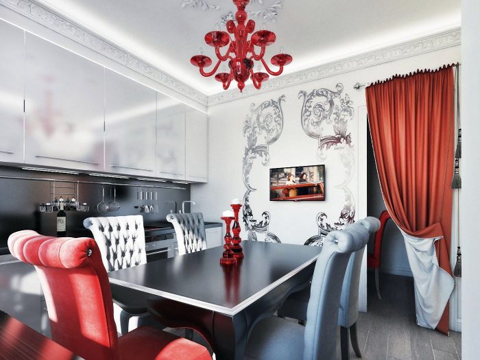 art deco kitchen with red accents