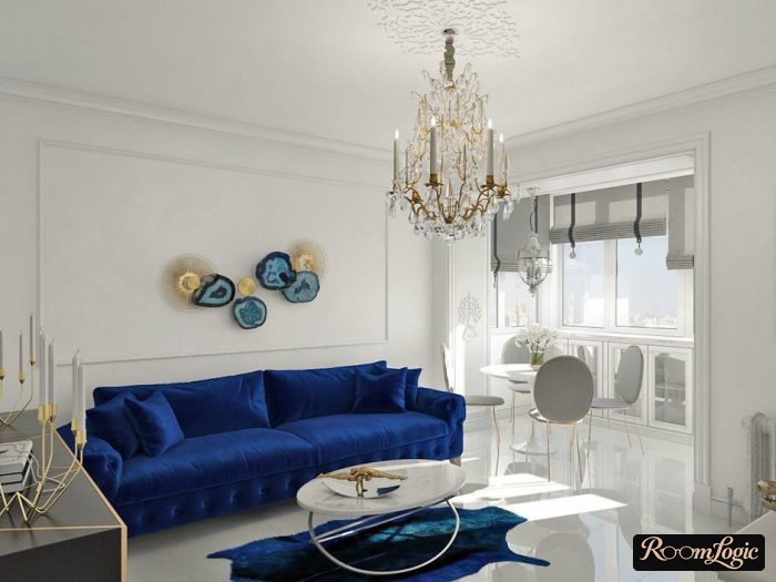 art deco living room with a blue sofa
