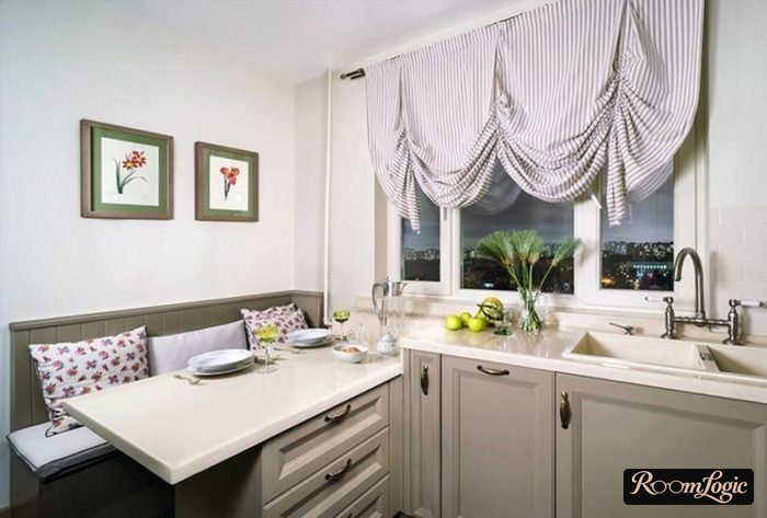 Austrian short curtains on a gray kitchen