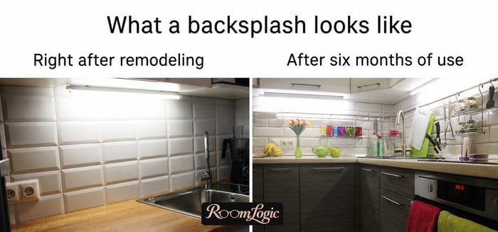 A backsplash immediately after remodeling and after six months of use