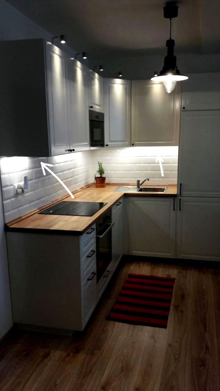 backsplash lighting from white bricks in a scandi style kitchen
