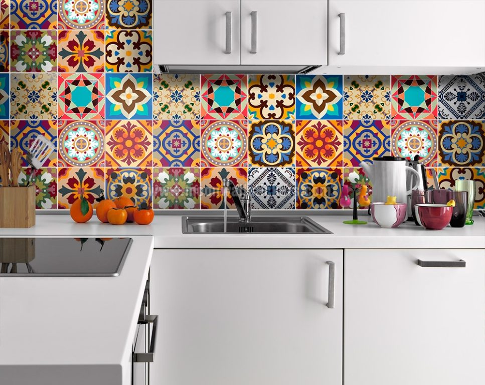 backsplash tile with bright pattern