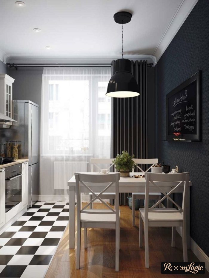 balcony door on kitchen with gray curtains and white tulle