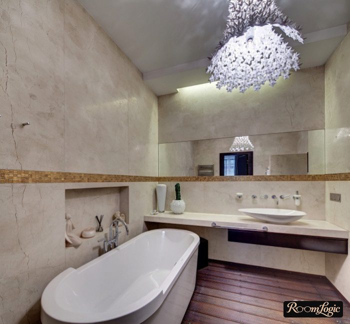 bathroom design with countertop and freestanding bathtub
