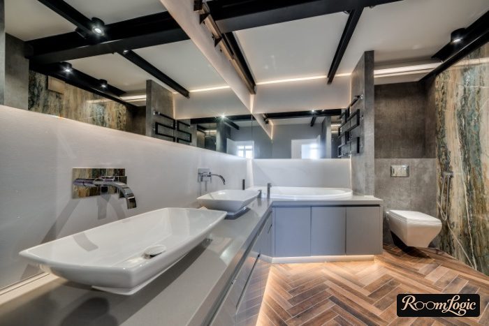 bathroom design with two sink basins