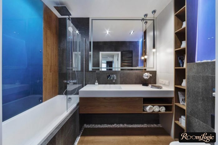 bathroom in scandi style with blue accent