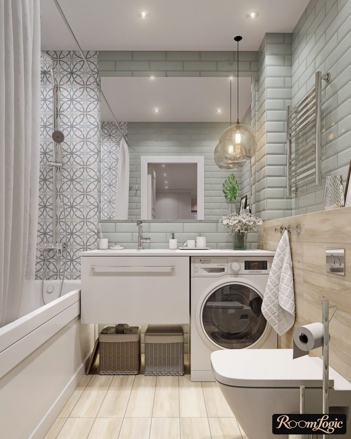 bathroom in scandi style with washer and toilet