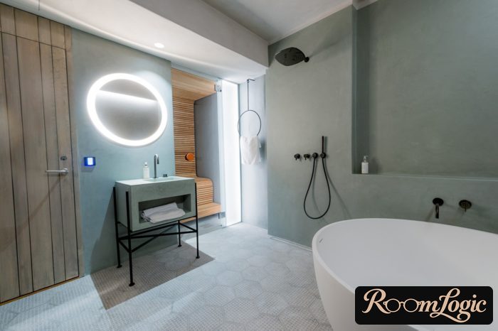 Bathroom in Scandinavian style, large and modern