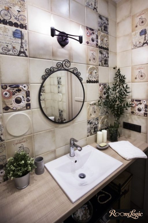 Bathroom in Scandinavian style with sandy tile with a pattern