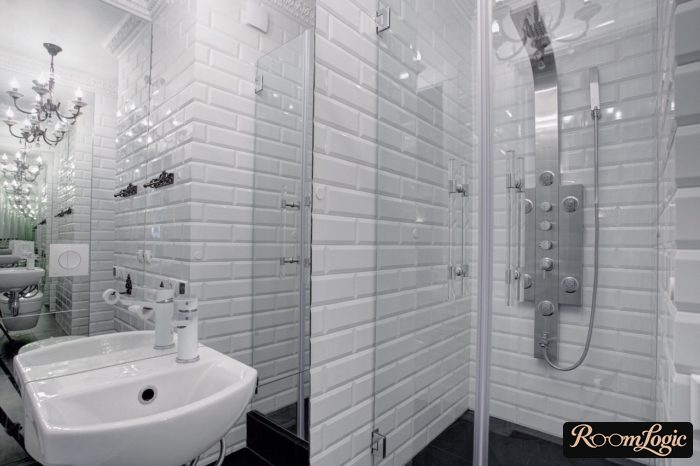 Bathroom in Scandinavian style with white subway tile