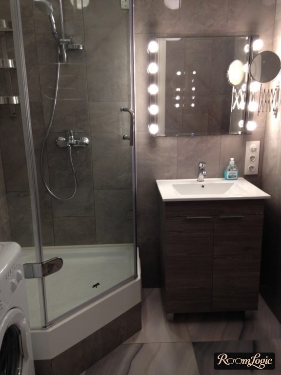 bathroom in tiny apartment with shower instead of bathtub