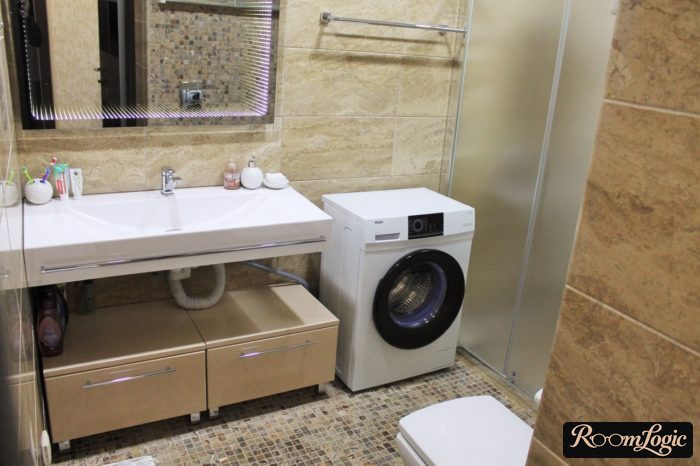 Bathroom interior with a shower and washer