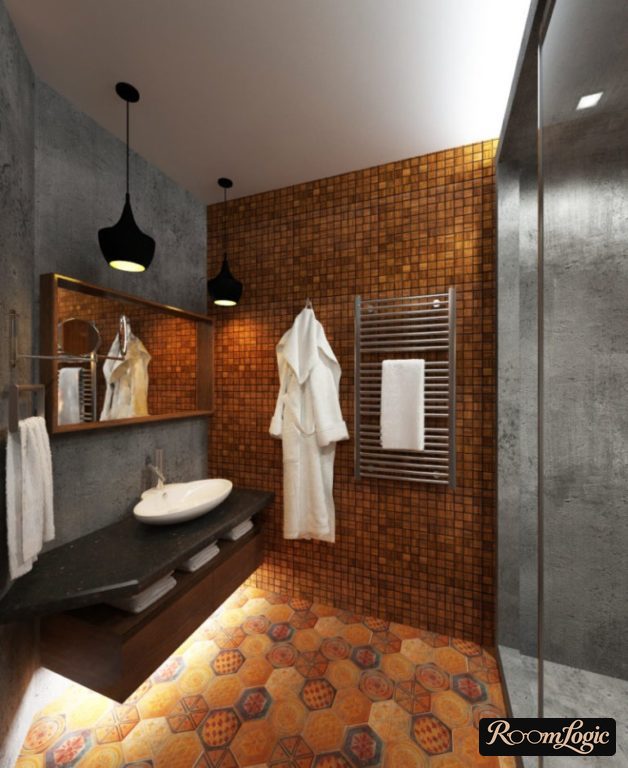 bathroom suspended vanity with loft-style undershelf lighting