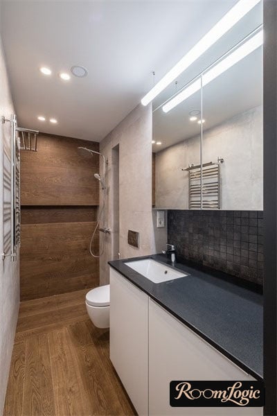 bathroom with a shower and wood-look tile in a Scandinavian style