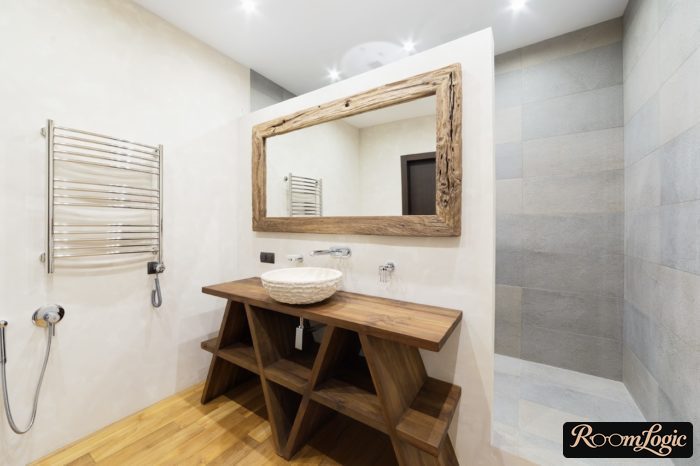 bathroom with scandi style and natural wood