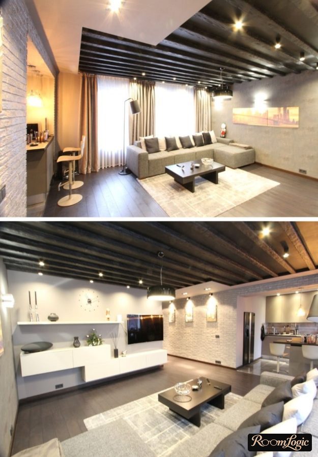 beams on the ceiling in the kitchen-living room