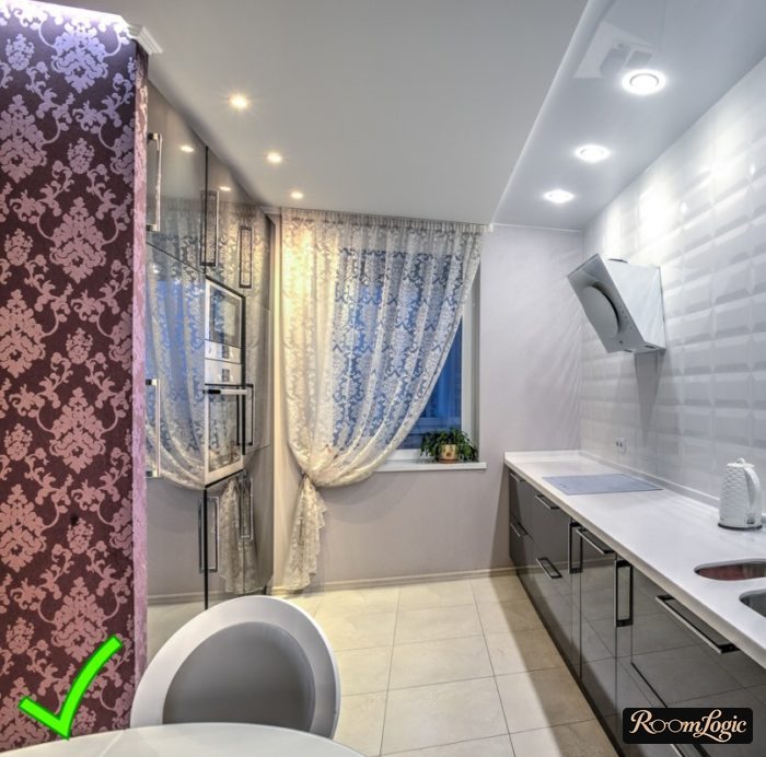 beautiful accent purple wallpaper in a white kitchen