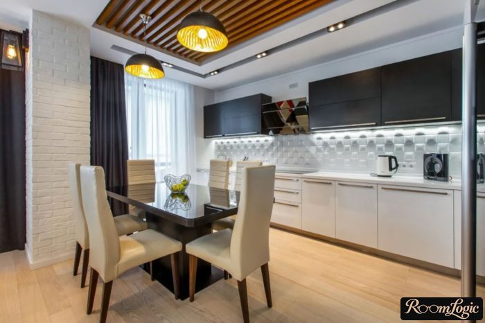 beautiful gray curtains in the interior of a stylish kitchen