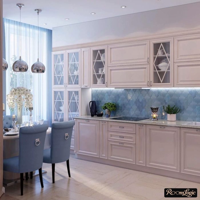beautiful pendant lamps in a modern kitchen in provence style