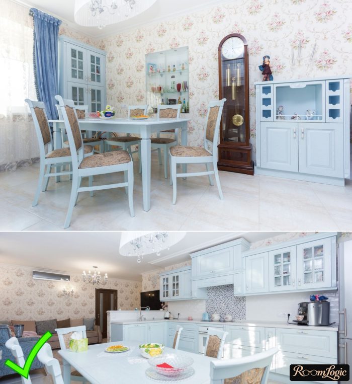 beautiful wallpaper with pattern in a light blue Provence-style kitchen