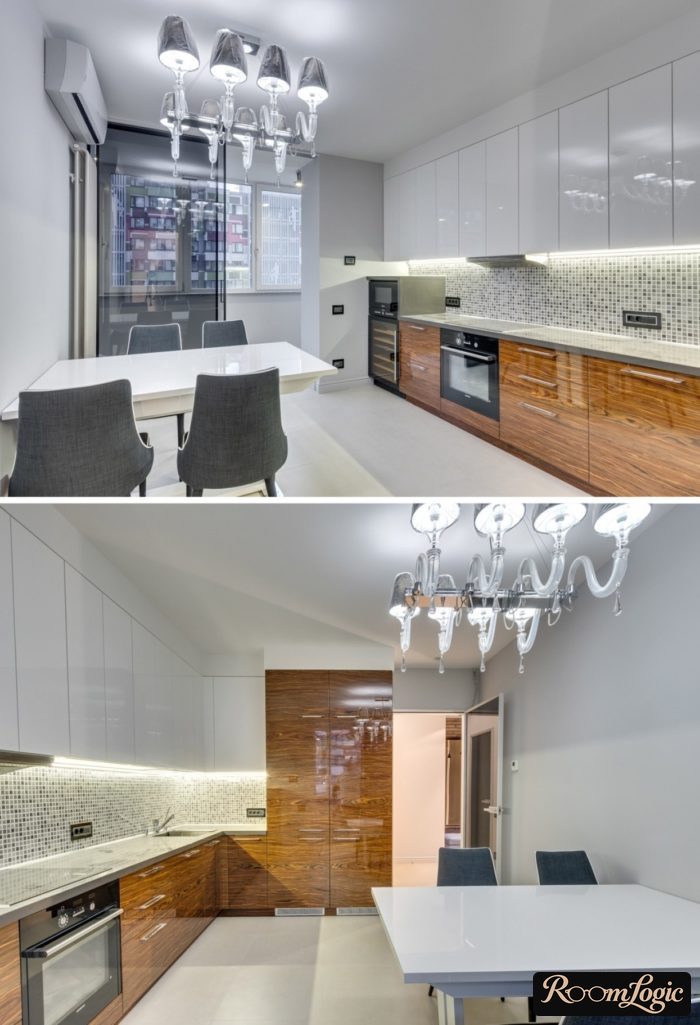 beautiful white kitchen with glossy wood
