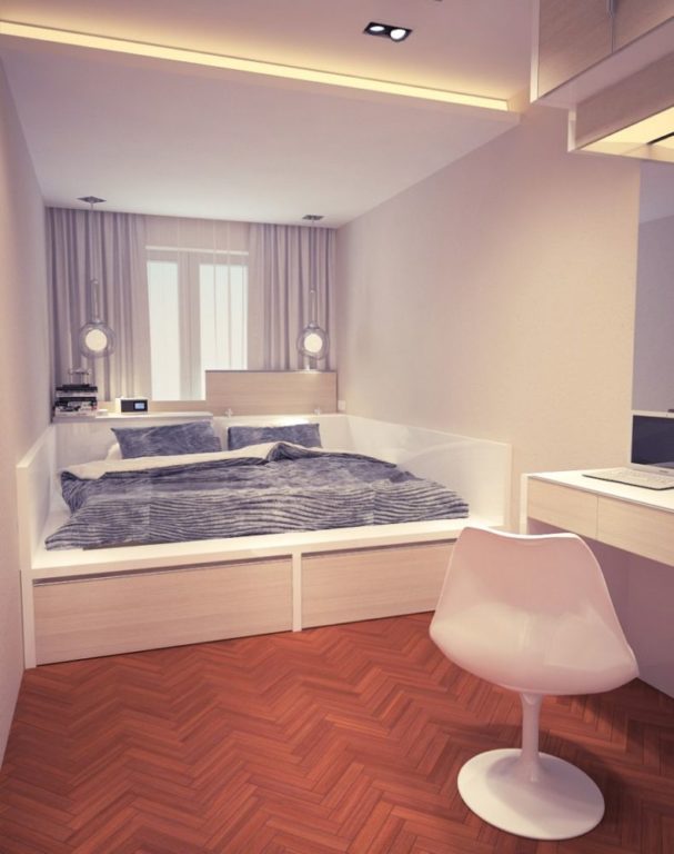 bed pressed against the wall in the bedroom