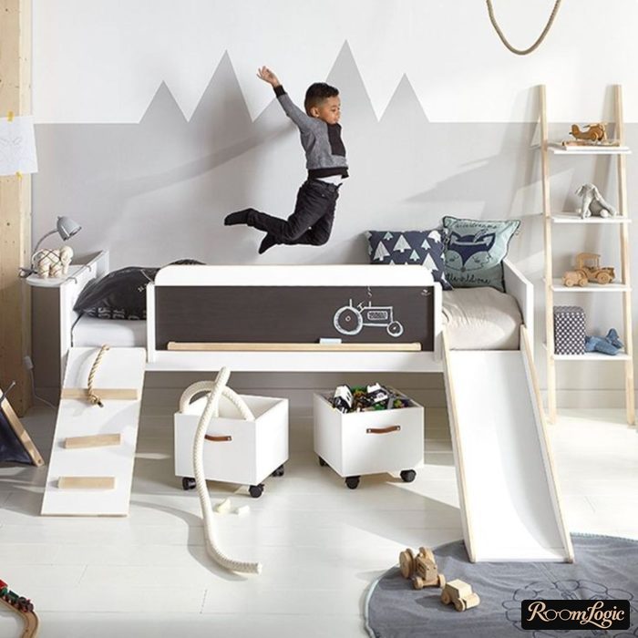bed with a headboard in a boy's room 7