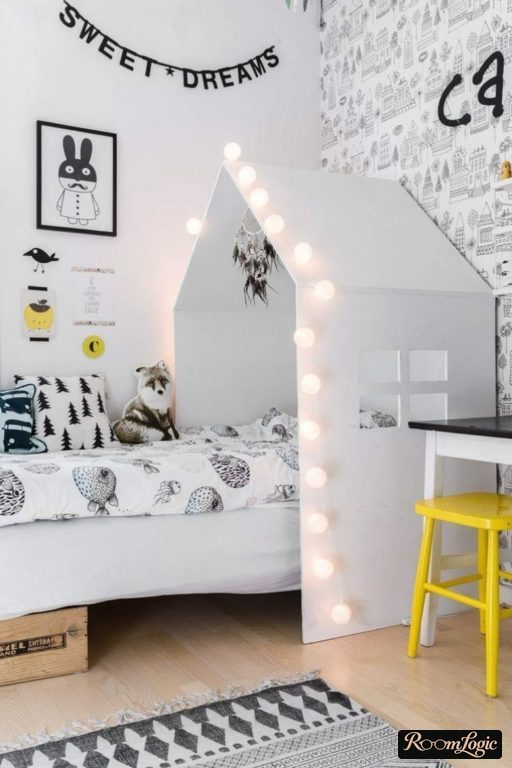 bedhouse with string lights in boys' room design interior kids'