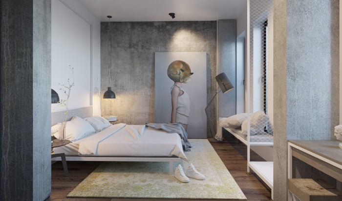 bedroom combining loft and minimalism