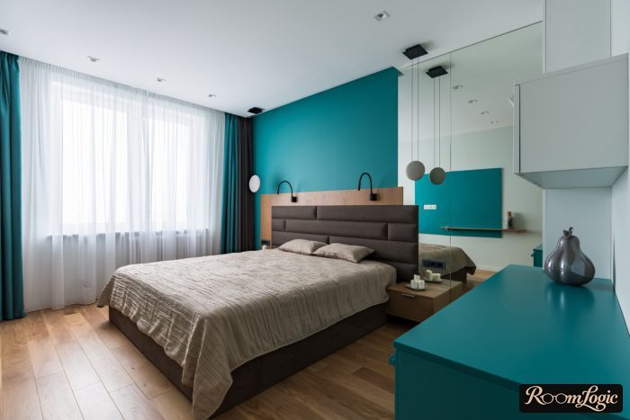 bedroom in white and light blue tones
