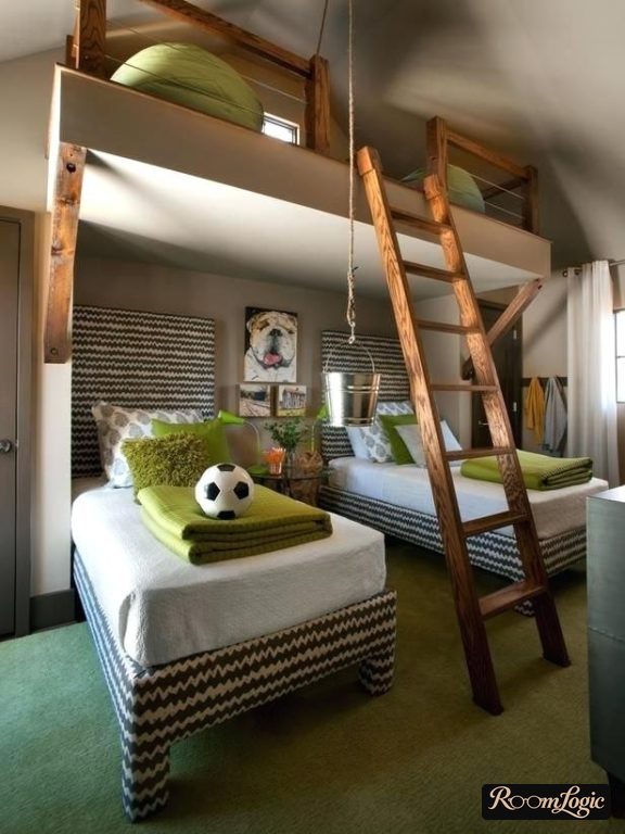 Beige boys' room with a loft bed