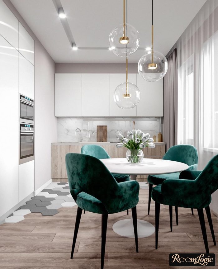 Beige curtains in a modern kitchen with a balcony