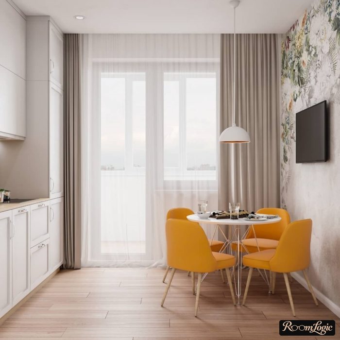 Beige curtains in the kitchen with a balcony door in a modern design