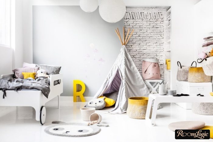 Beige kids' room in light tones for boys renovation entryinterior