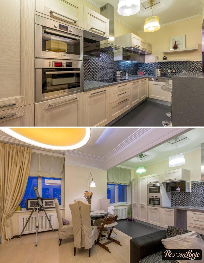 Beige kitchen-living room in neoclassical style