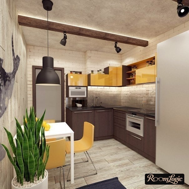 Beige kitchen with yellow accents in loft style